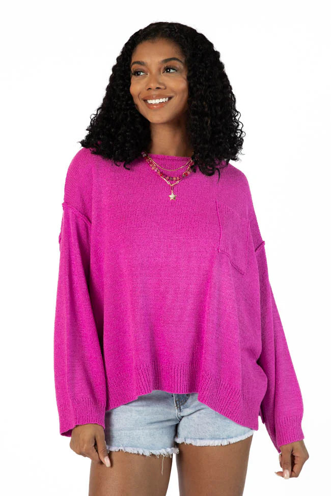 Tell Me Everything Magenta Oversized Pocketed Light Weight Sweater