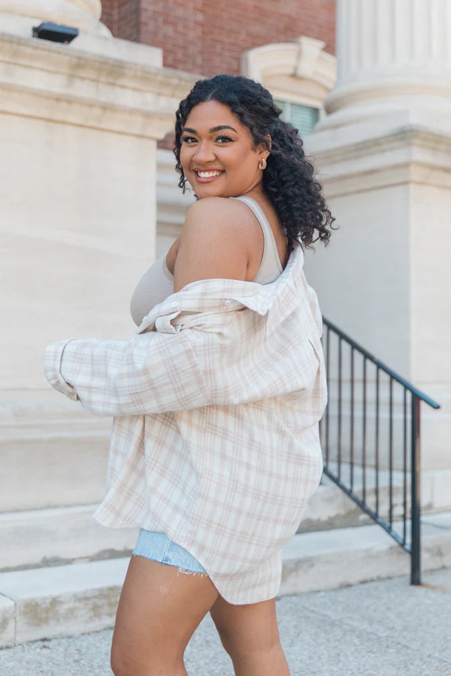 Made Me Realize Ivory And Tan Plaid Oversized Button Front Shirt