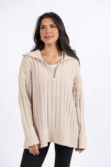 Forever Yours Beige Cable Knit Chenille Quarter Zip Sweater SALE