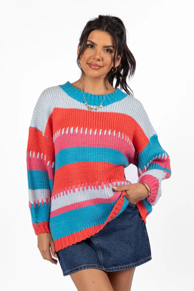 Something Extra Blue Multi Stripe Chunky Knit Stitch Detail Sweater