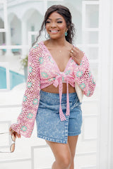 Good To Be Back Pink Crochet Tie Front Top SALE