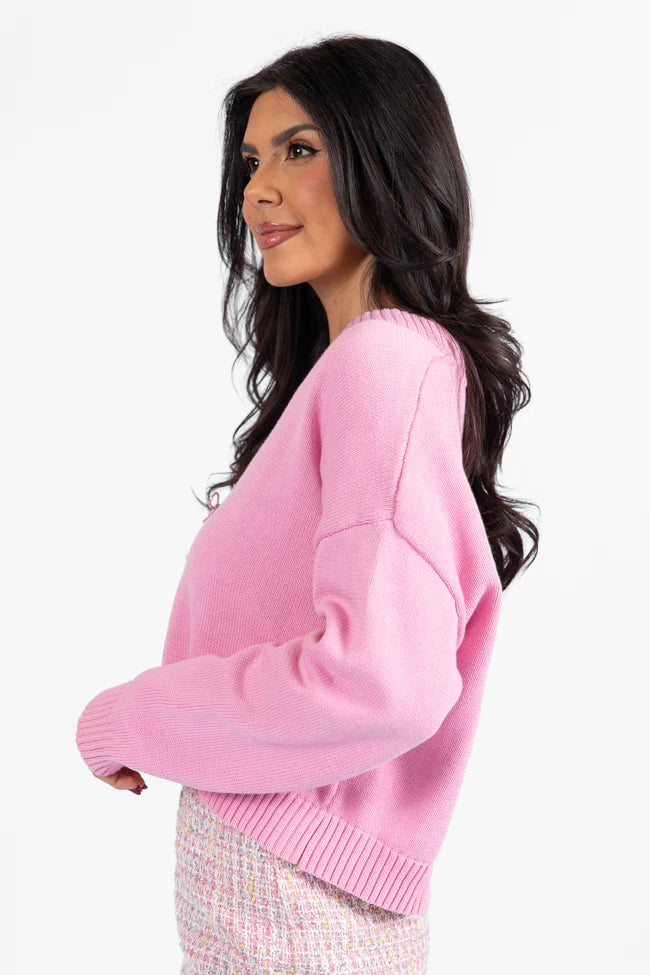 Means To Me Pink Bow Embellished Button Cardigan