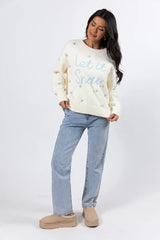 Let It Snow Ivory And Blue Fuzzy Pom Sweater FINAL SALE