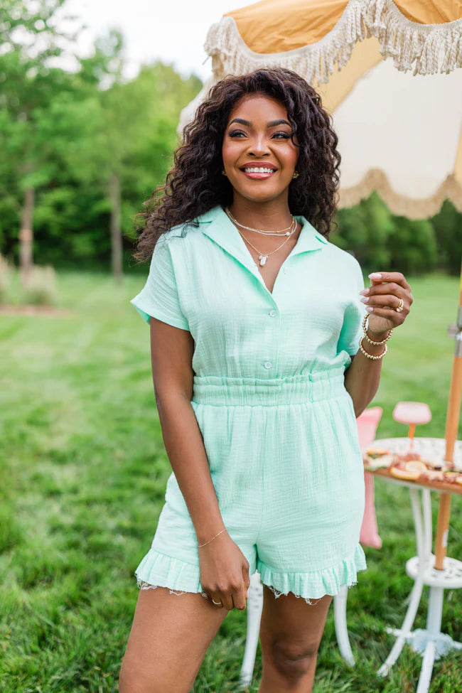 Stop And Stare Mint Flutter Hem Collared Romper SALE