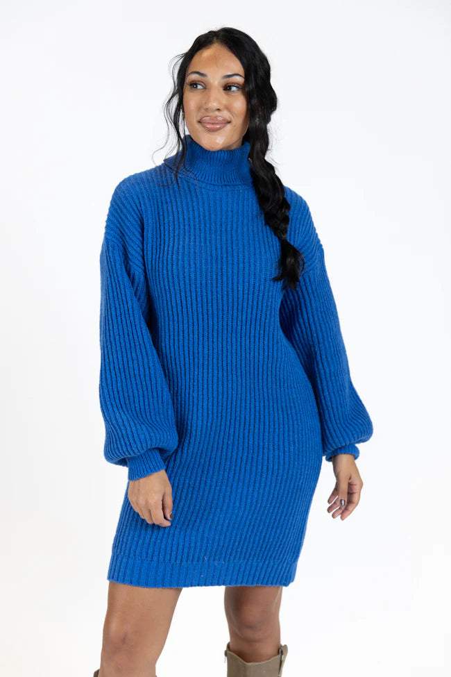 Call My Bluff Blue Bubble Sleeve Turtleneck Sweater Dress  FINAL SALE