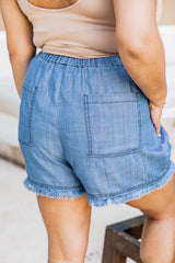 Send A Note Medium Wash Chambray Frayed Edge Shorts FINAL SALE