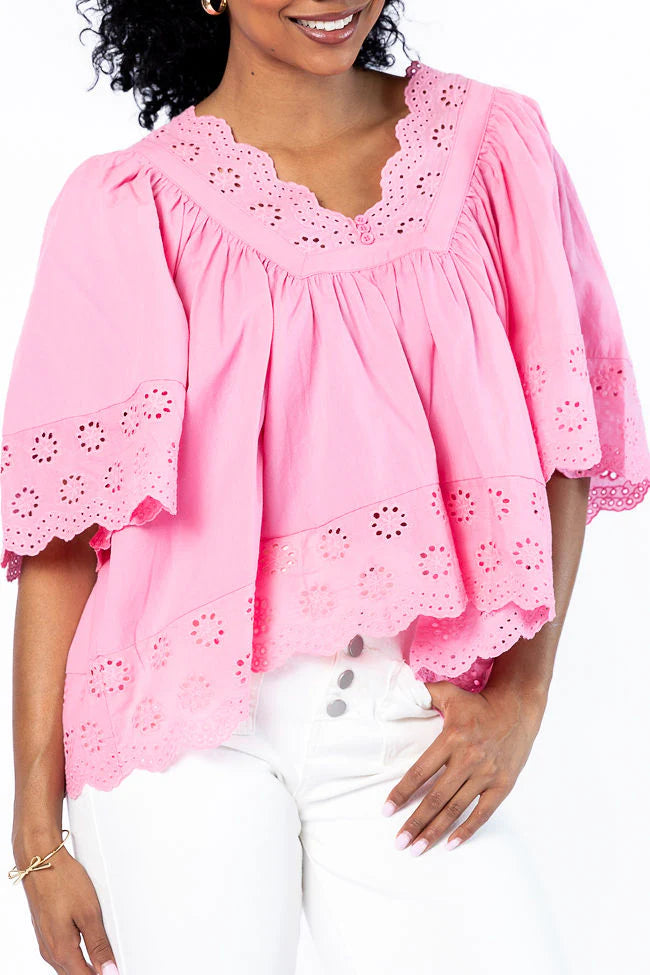 No Regrets Pink Eyelet Detail Popover Short Sleeve Blouse