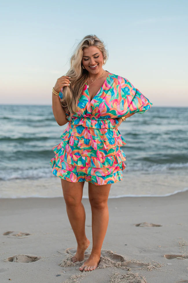 Fun And Flirty In Kaleidoscope Dreams Satin Ruffle Detail Dress SALE