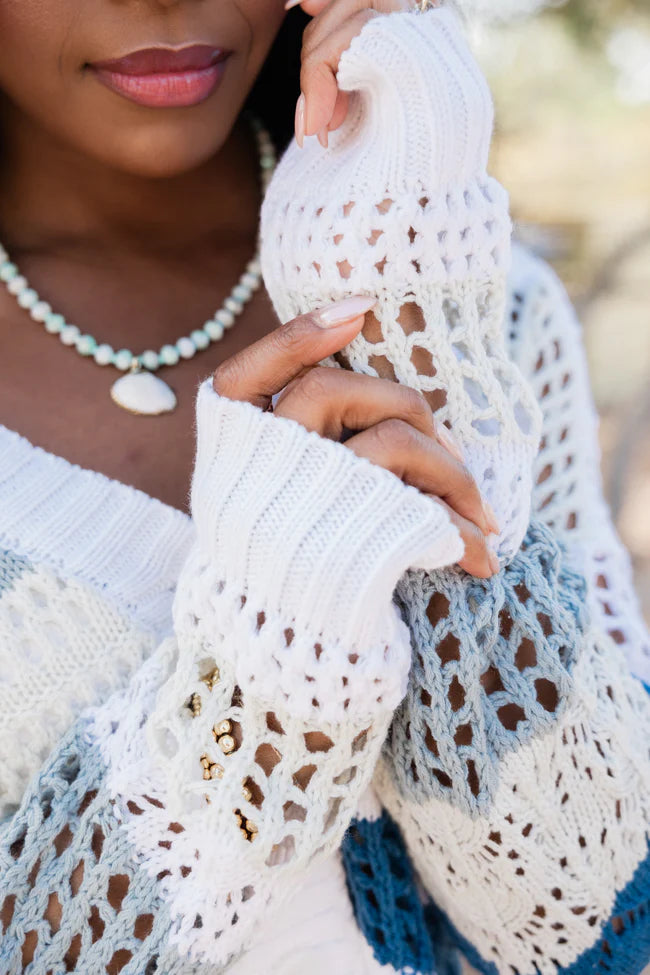 I'm On Board Blue Crochet Striped Cardigan SALE