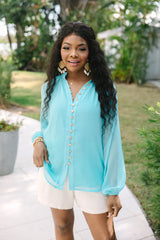 Keep On Hoping Aqua Button Front Long Sleeve Blouse SALE