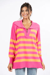 Pulling Heartstrings Pink And Orange Striped Quarter Zip Pullover SALE