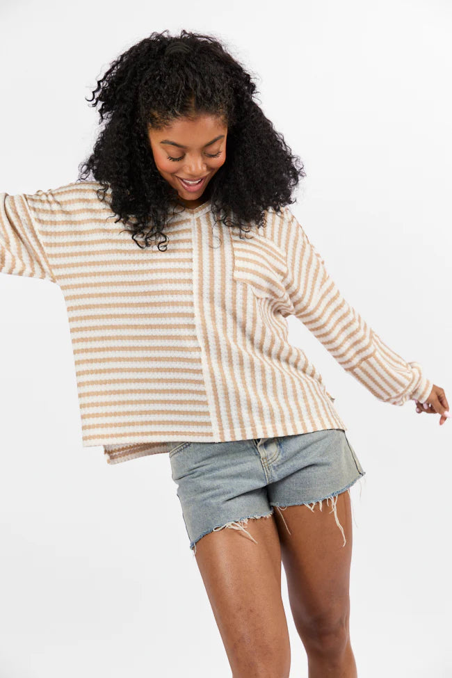 All For Sun Tan and Ivory Striped Knit V-Neck Long Sleeve Tee