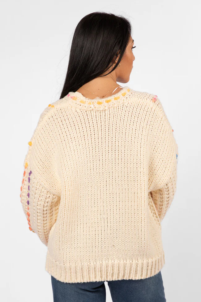 Day We Met Cream Multi Color Stitched Detail V-Neck Sweater SALE