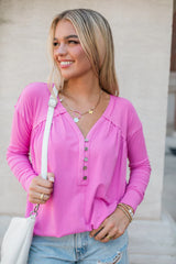 On One Hand Pink Ribbed Knit Oversized Henley Top