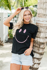 Drawn Smiley Black Oversized Graphic Tee