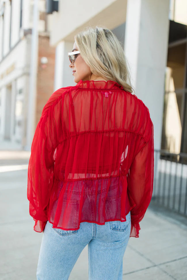 Breathe Deeper Red Sheer Ruched Blouse FINAL SALE