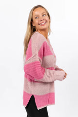 Know You Best Pink Oversized Striped Henley Sweater