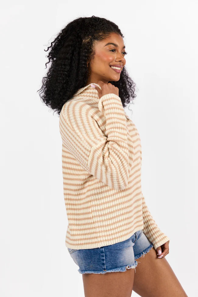 Bayside Breeze Ivory and Tan Stripe Quarter Zip Pullover Sweater