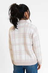 Make It Count Beige Plaid Printed Quarter Zip Pullover SALE