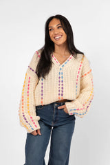 Day We Met Cream Multi Color Stitched Detail V-Neck Sweater SALE