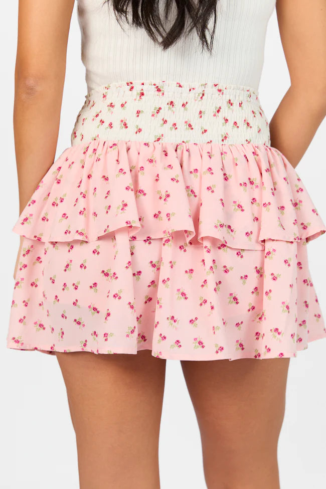 Special Day Ivory and Pink Multi Floral Color Block Tiered Skort