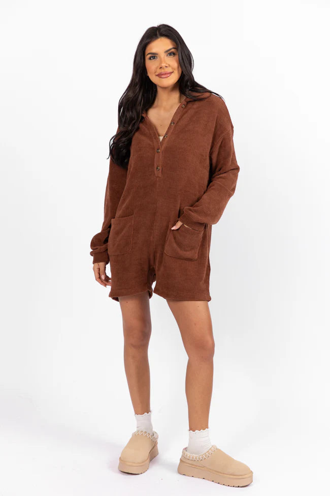 Now Or Never Chestnut Chenille Button Front Romper