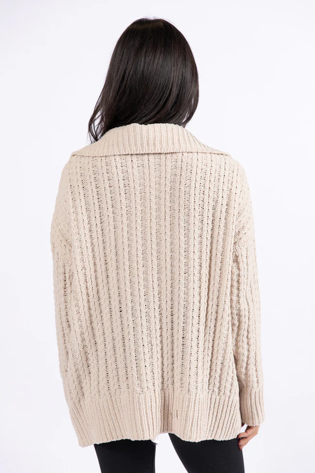 Forever Yours Beige Cable Knit Chenille Quarter Zip Sweater SALE