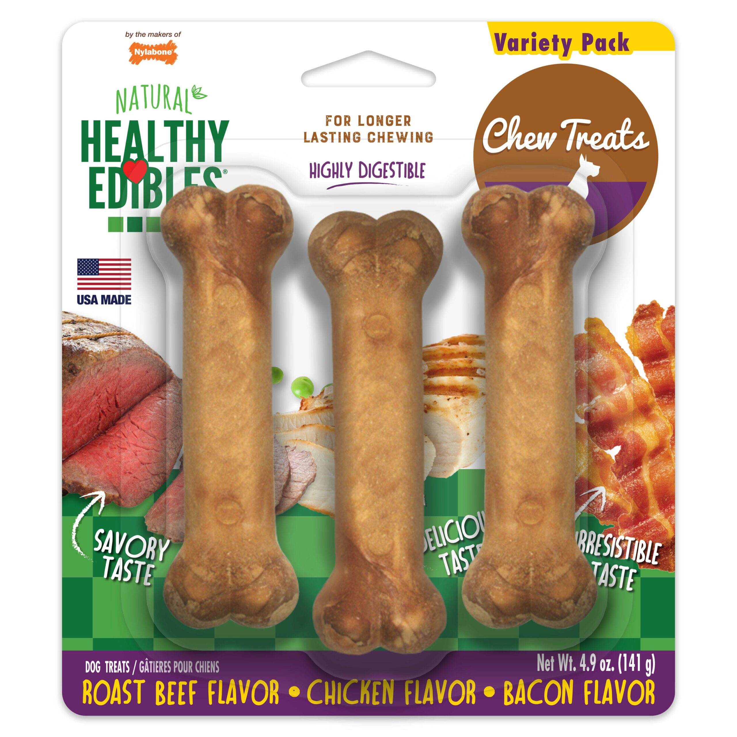 Nylabone Healthy Edibles All-Natural Long Lasting Chew Treats Variety Pack 3 Count Small/Regular