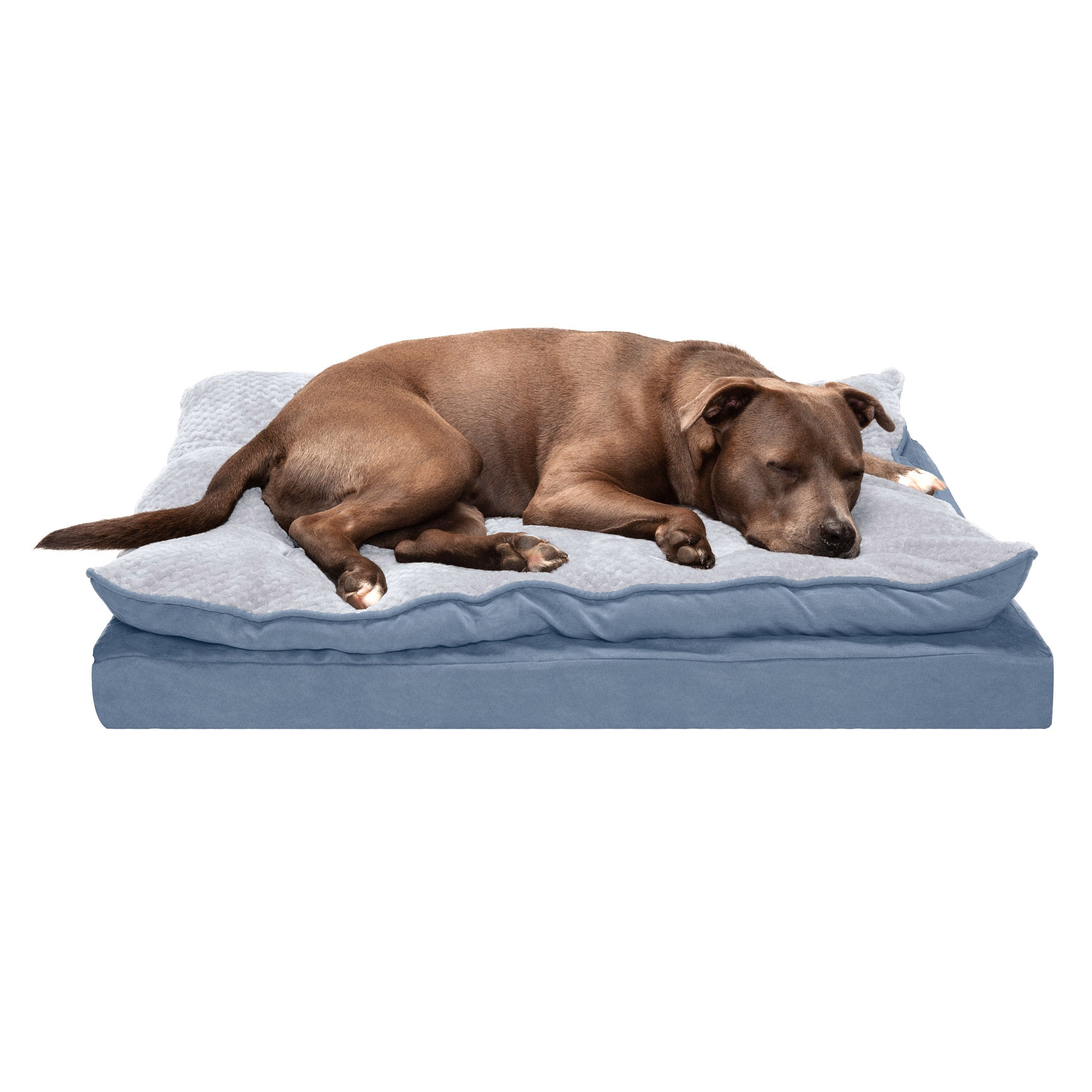 FurHaven Minky Faux Fur & Suede Pillow-Top Orthopedic Dog Bed – Large, Stonewash Blue