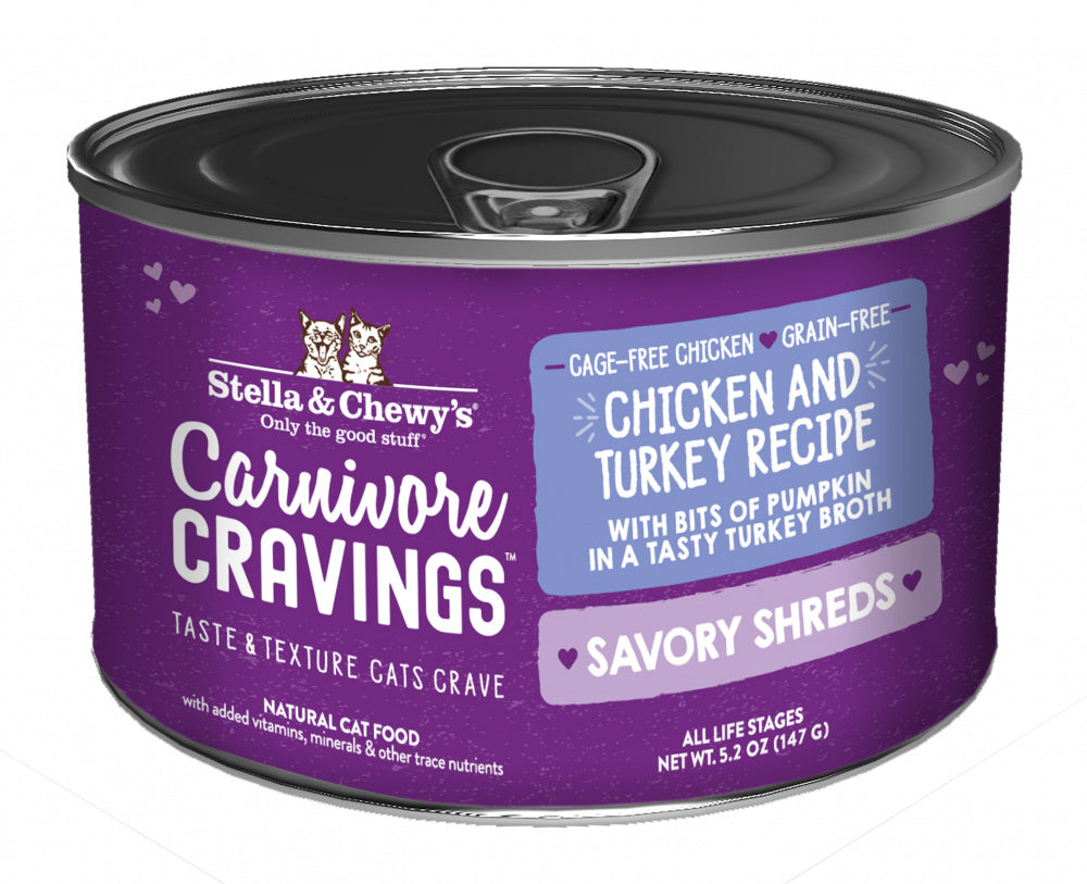 Stella & Chewy’s Carnivore Cravings Savory Shreds Chicken & Turkey Dinner in Broth Wet Cat Food