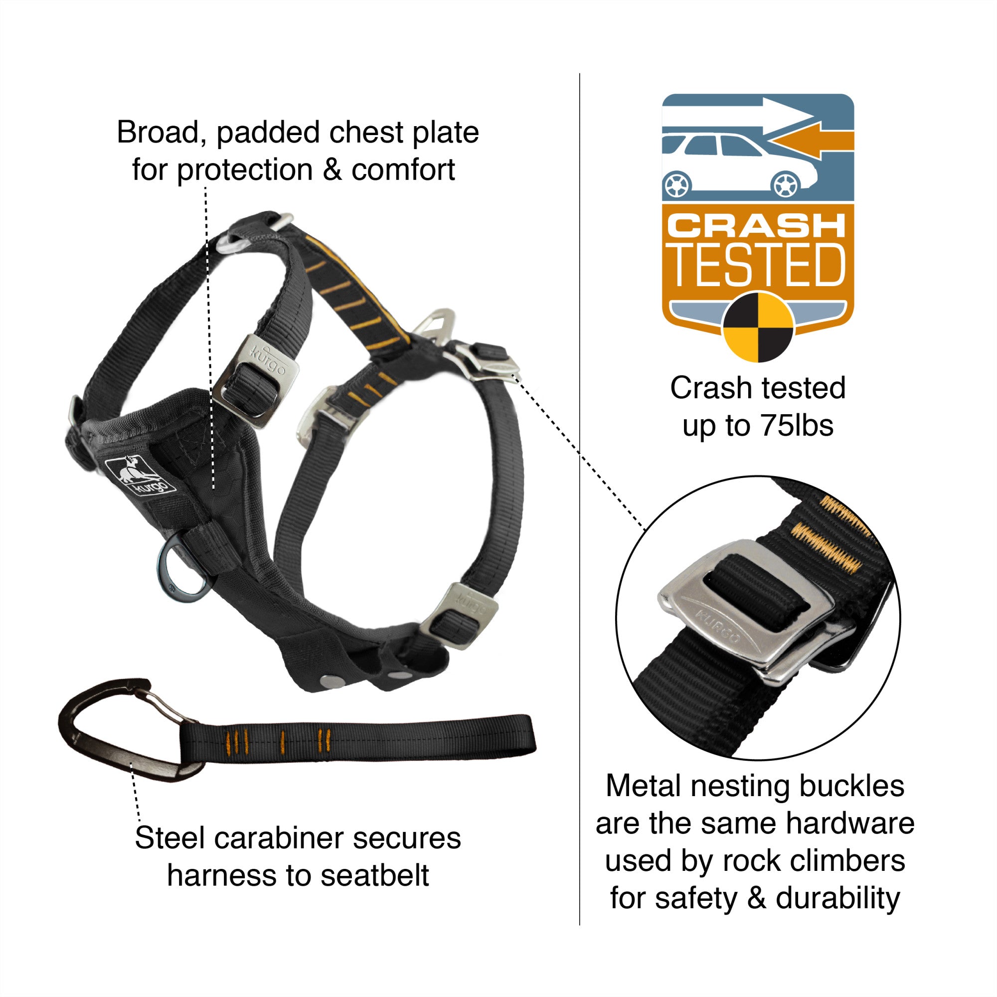 Kurgo Tru-Fit Enhanced Strength Dog Harness – Crash Tested Car Safety Harness for Dogs, No Pull Dog Harness, Includes Pet Safety Seat Belt, Black