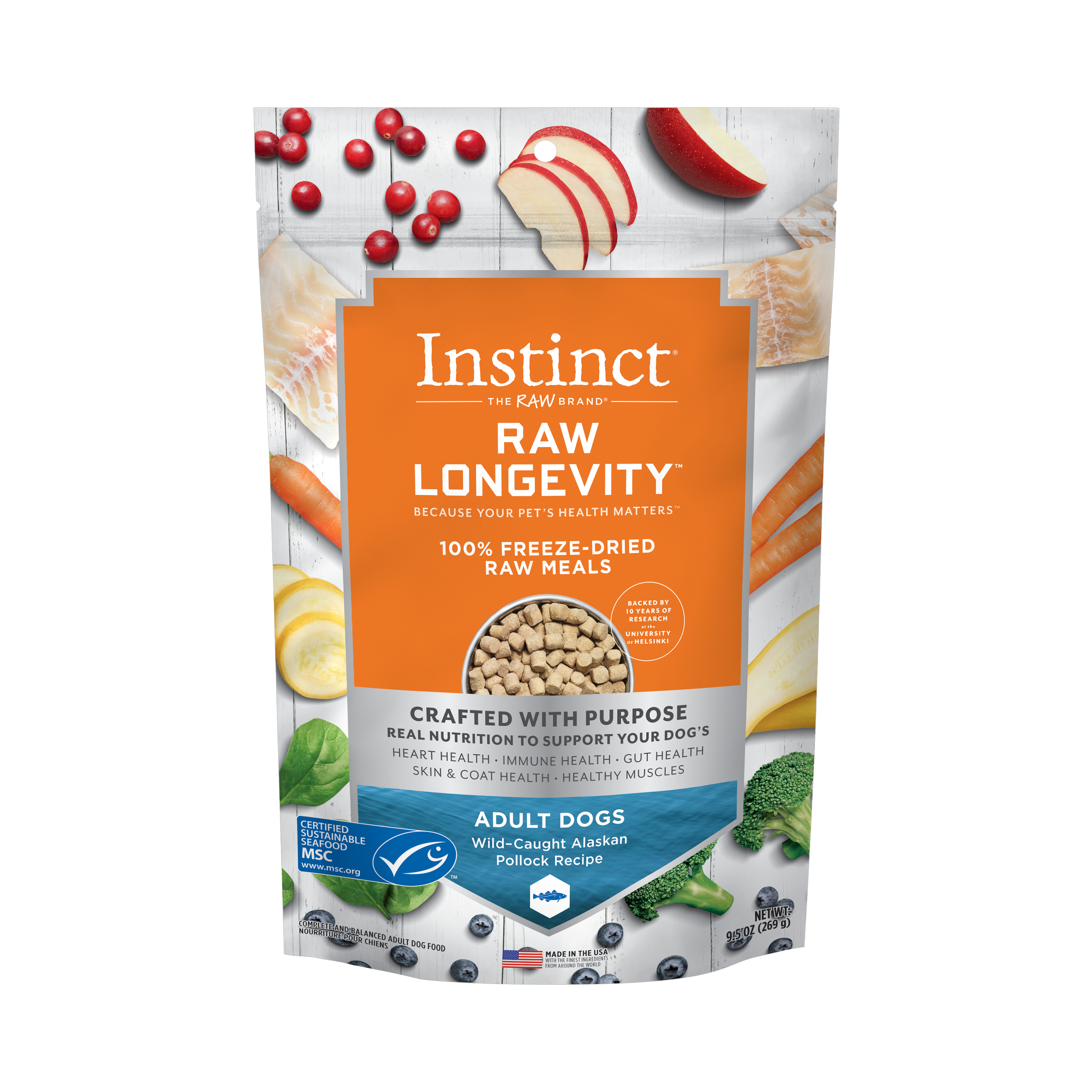 Instinct Raw Longevity Adult Freeze Dried Pollock Bites Dog Food, 9.5 oz. Bag